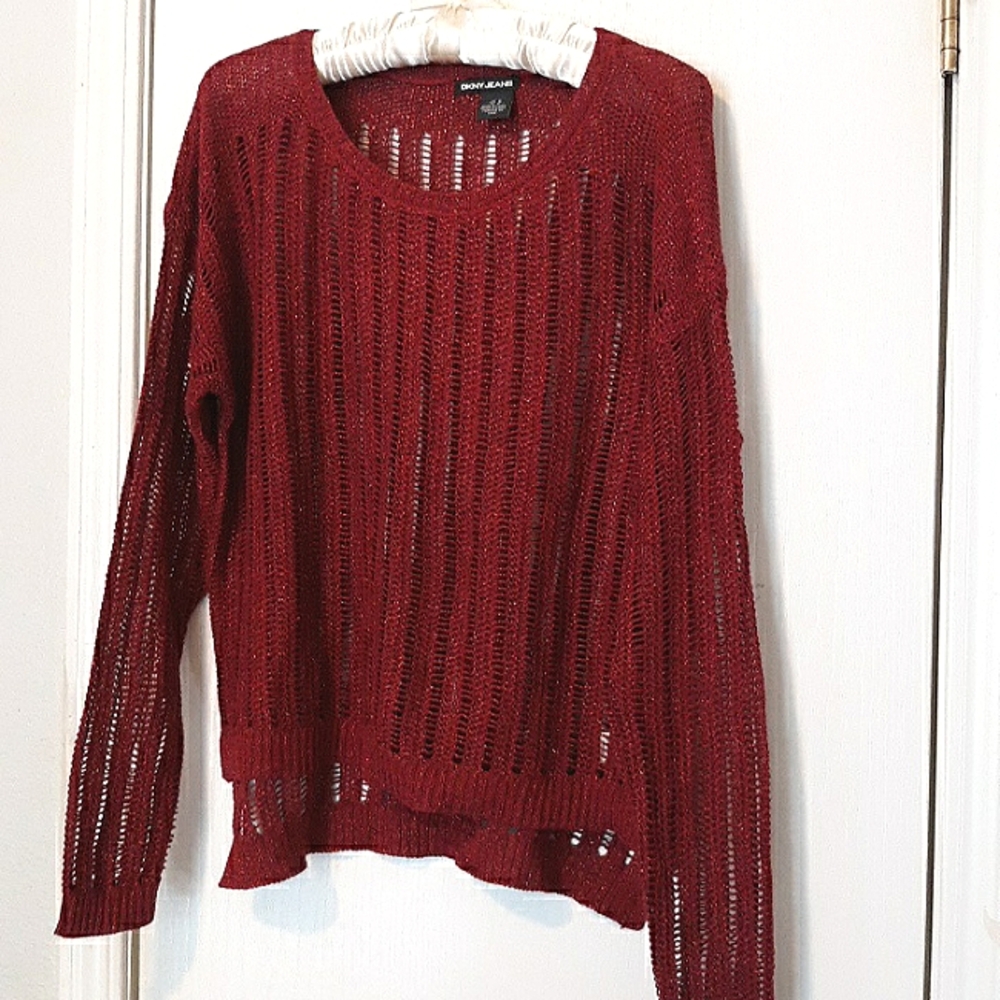 DKNY Pullover Open Stitch Knit Sweater Crew Neck Sparkle Wine Red NWT sz M